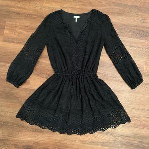 joie boho embroidered dress black long sleeve drawstring waist